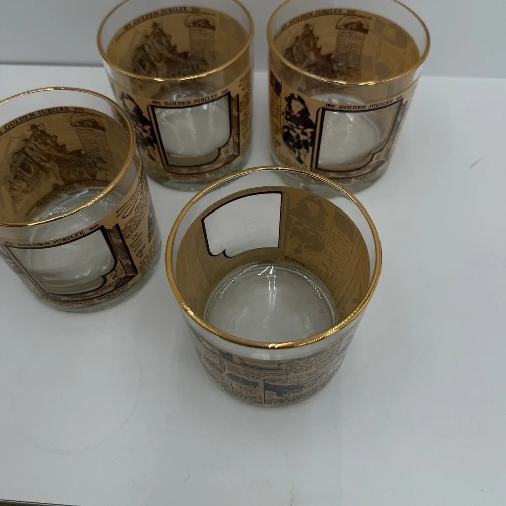 4-Vintage 1972 Montgomery Ward Golden Jubilee‎ Whiskey Rocks Glasses Gold Rim